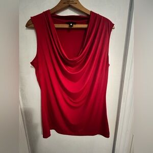 Valentine date night ready sleeveless cowl neck top, bright red, flattering